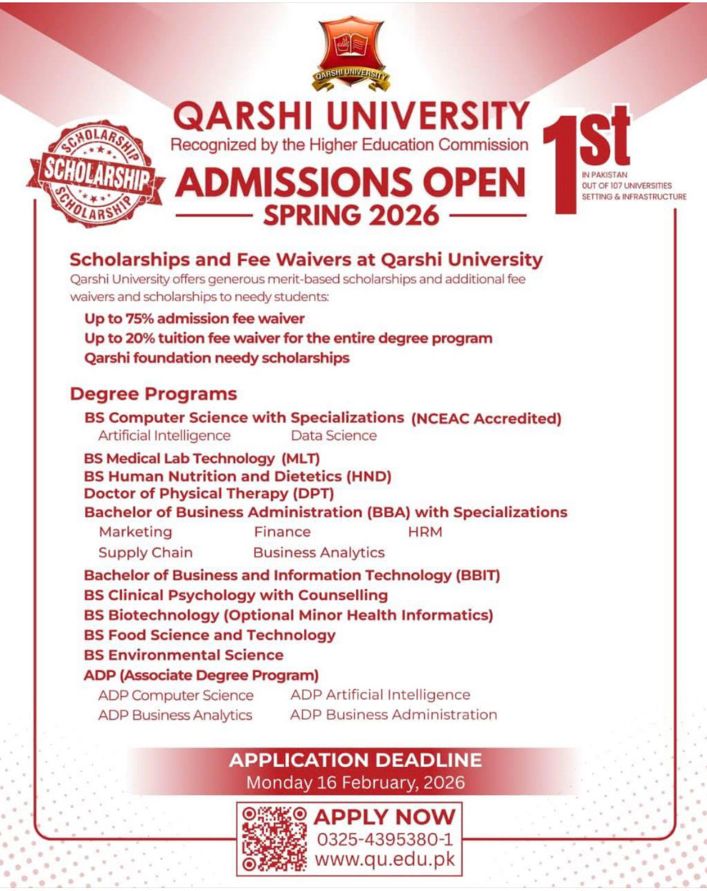 Admission notice for Qarshi University Lahore